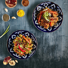 Set of Pilau or Pilaf on Dark Background Top View