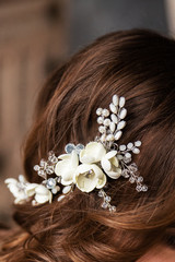 Obraz na płótnie Canvas Bride. Bridal wedding hairstyle with jewelry. Elegant hair accessorie.