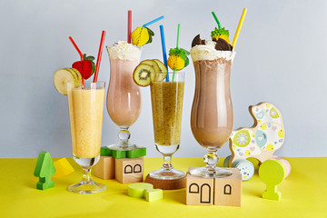 Kids Smoothie and Milkshakes with Berries, Fruits and Chocolate