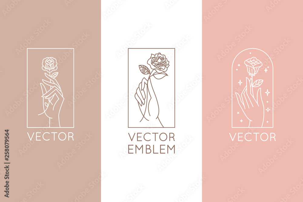 Poster Vector abstract logo design template in trendy linear minimal style - hands with rose and stars