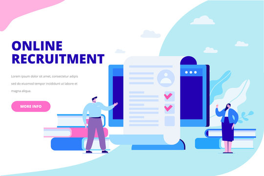 Online Recruitment concept. Employment. Business people team analyzing resume. Flat vector illustration for web.