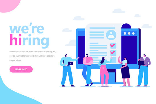 Online Recruitment concept. Employment. Business people team analyzing resume. Flat vector illustration for web.
