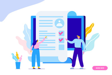Online Recruitment concept. Employment. Business people team analyzing resume. Flat  vector illustration  for web.