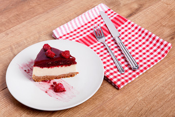 Raspberry Cheesecake on a plate.