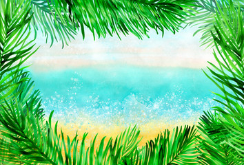 Fototapeta na wymiar Watercolour horizontal beach background with palm leaves frame