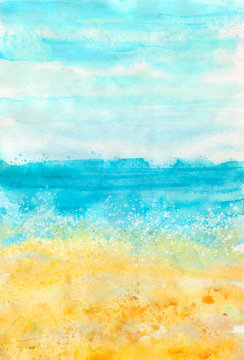Watercolour vertical colorful beach background for summer design