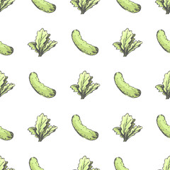 Fresh cucumber and leafy lettuce seamless pattern. Vegetable and salad vector illustrations formed in endless texture. Healthy vegan food ornament.