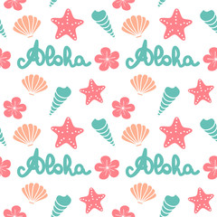 cute summer seamless vector pattern background illustration with hand drawn lettering aloha word, seashells, starfishes and flowers