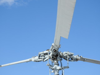 Military helicopter, propellers, installations and units for shooting, close-up.
