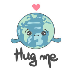 cute vector hand drawn lettering hug me card with cartoon planet earth concept illustration