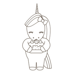 cute cartoon vector unicorn with strawberry cake lovely illustration for coloring art