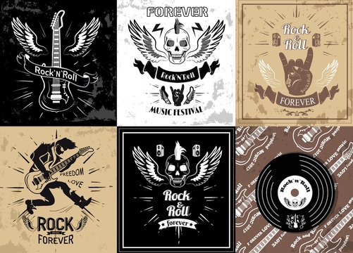 Rock and roll forever logotype sketches set vector illustration. Symbols of heavy metal music in retro style, skull and guitar, tattoo designs