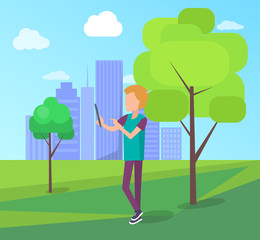 Man record video on digital tablet in city park on background of skyscrapers vector illustration. Faceless male communicate in free wi-fi zone