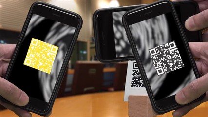 Scanning QR CODE look alike black and white pattern (CAN NOT SCAN THIS) to make a cashless payment via smartphone at the store.  Colorful QR CODE flashing on smartphone screen. - Powered by Adobe