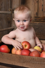 Fototapeta na wymiar child in a crate with apples