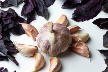 basil leaves and garlic on a white background
