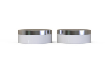 Round white glossy cosmetic jar for body cream, butter, scrub, bath salt, gel, powder and skin care product, cosmetic jar mock up isolated on white background, 3d illustration