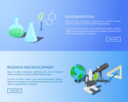 Chemical experimentation, scientific research and development page with globe, glass flasks, new microscope and black telescope vector illustration.