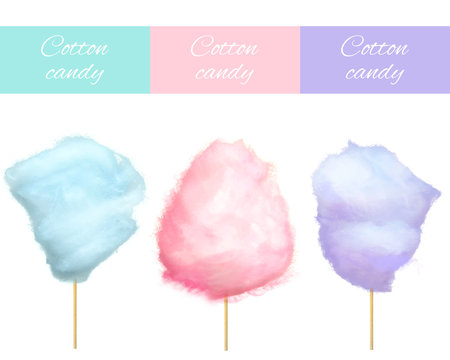 Cherry bilberry and blueberry cotton candies vector illustrations isolated on white. Sweet tasty desserts for children in graphic design