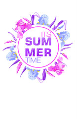 Summer Time banner with blue and purple flowers, flower iris design for banner, flyer, invitation, poster, placard, web site or greeting card. 