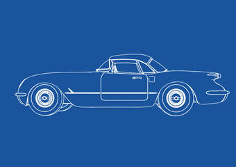 drawing of a retro sport car on blue background vector