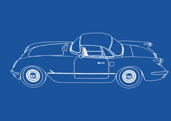 drawing of a retro sport car on blue background vector