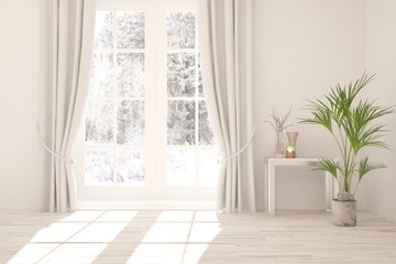 White stylish empty room with winter landscape in window. Scandinavian interior design. 3D illustration
