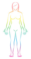 Female body shape. Rainbow gradient colored human silhouette. Outline vector illustration on white background.