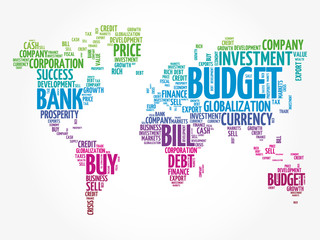 Fototapeta na wymiar Business and Invest word cloud in shape of world map, finance concept background