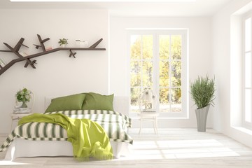 White stylish minimalist bedroom with armchair and autumn landscape in window. Scandinavian interior design. 3D illustration