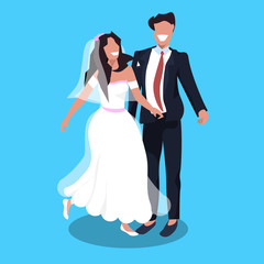 newlyweds man woman standing together romantic couple bride and groom embracing wedding day concept male female cartoon character full length flat