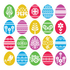 Silhouettes of color easter eggs isolated on white background. Holiday Easter Eggs decorated with flowers and leafs. Print design, label, sticker, scrap booking, stamp, vector illustration