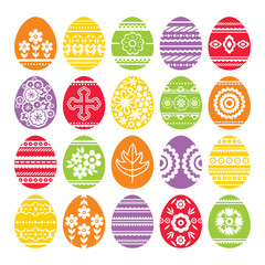 Silhouettes of color easter eggs isolated on white background. Holiday Easter Eggs decorated with flowers and leafs. Print design, label, sticker, scrap booking, stamp, vector illustration
