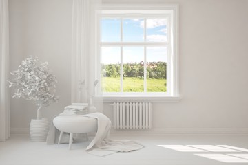 Stylish room in white color with armchair and green landscape in window. Scandinavian interior design. 3D illustration