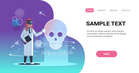 arab doctor wearing digital glasses looking virtual reality skull human organ anatomy healthcare medical vr headset vision concept full length horizontal copy space