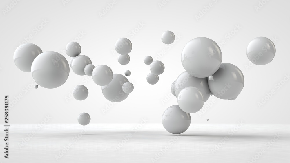 Poster 3d illustration of balls of different sizes hanging in space. the idea of order, chaos and harmony. 