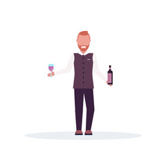 smiling bartender holding wine bottle and glass barman in uniform at work male cartoon character standing pose full length white background