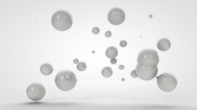 3D rendering of many white balls of different sizes, in space. Pearls. Image isolated on white background. 3D rendering