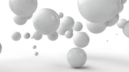 3D illustration of balls of different sizes hanging in space. The idea of order, chaos and harmony. Abstraction. Comparative image of the geometry of space. 3D rendering isolated on white background.