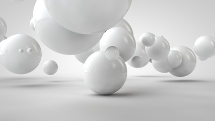 3D illustration of balls of different sizes hanging in space. The idea of order, chaos and harmony. Abstraction. Comparative image of the geometry of space. 3D rendering isolated on white background.