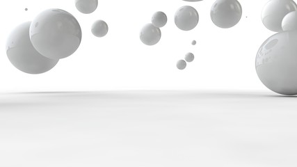 3D illustration of balls of different sizes on a white surface. The idea of order, chaos and abstraction. Comparative image of the geometry of space. 3D rendering isolated on white background.