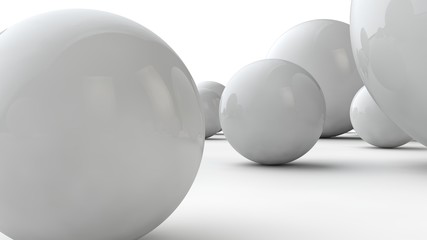 3D illustration of large white spheres and many small balls on a white surface. The idea of beauty. Comparative image of the geometry of space. 3D rendering isolated on white background.