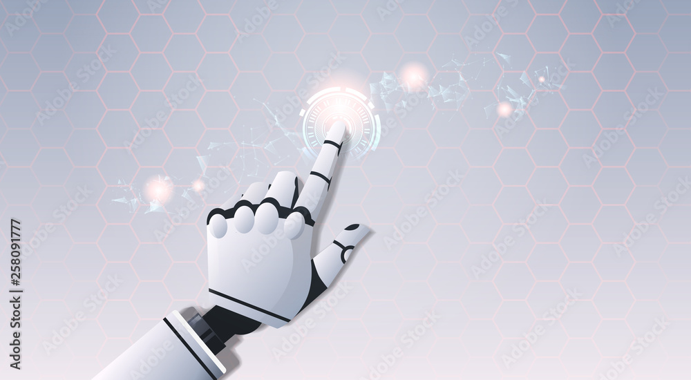 Poster robot hand touching abstract virtual user interface touchscreen artificial intelligence digital futu