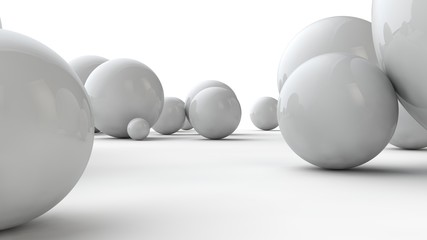 3D illustration of large white spheres and many small balls on a white surface. The idea of beauty. Comparative image of the geometry of space. 3D rendering isolated on white background.