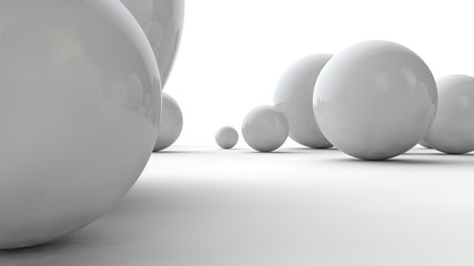 3D illustration of large white spheres and many small balls on a white surface. The idea of beauty. Comparative image of the geometry of space. 3D rendering isolated on white background.