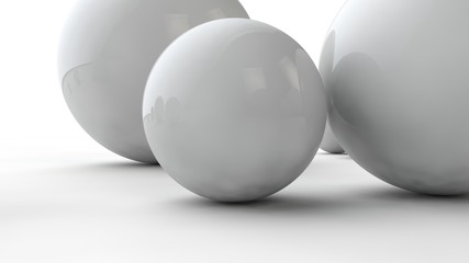 3D illustration of large and small white spheres and many different balls on a white surface. The idea of beauty. Comparative image of the geometry of space. 3D rendering isolated on white background.