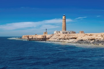 Lonely island with lighthouse, Big Brother Island, Red Sea Egypt