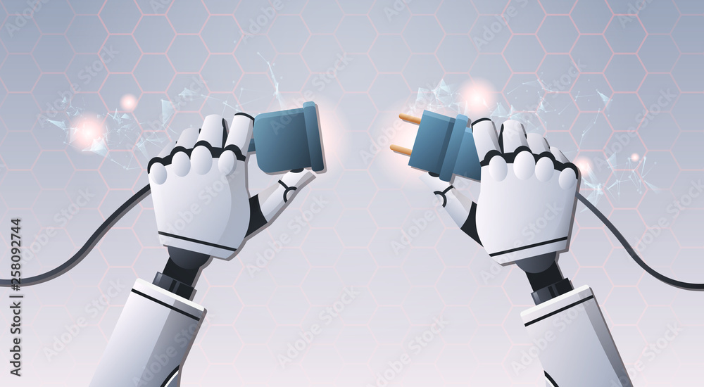 Poster robot hands inserting plug in socket ready to connect top angle view artificial intelligence digital