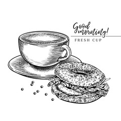 Coffee set. Hand drawn coffee cup of cappuccino or late and bagel. Breakfast bakery with coffee. Vector engraved icon. Morning fresh drink. For restaurant and cafe menu, coffee shop design template.