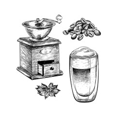 Coffee set. Hand drawn coffee cup of cappuccino or late and retor hand grinder with spices. Vector engraved icon. Morning fresh drink. For restaurant and cafe menu, coffee shop design template.